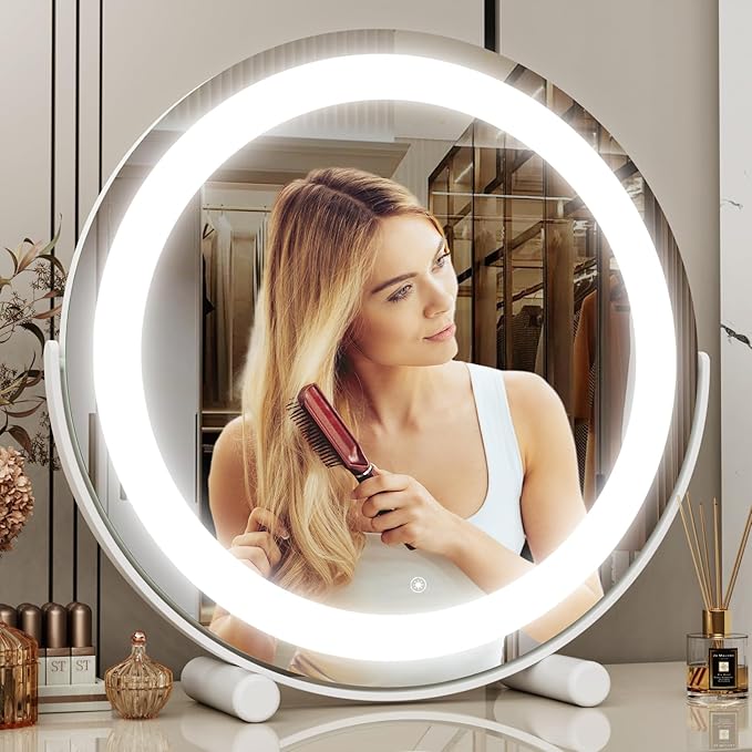 12" Round Vanity Mirror, LED Lights, Smart Touch 360°Rotation, Dimmable White