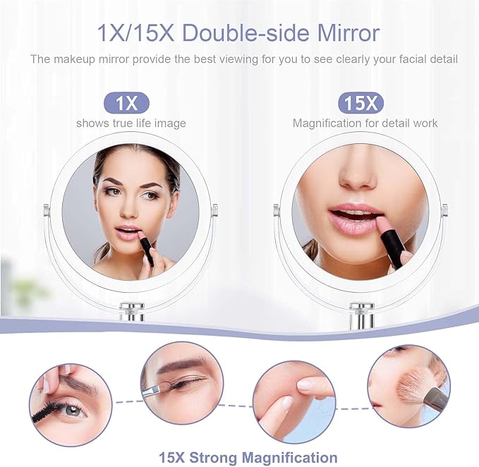 Vanity Makeup Mirror with Stand, 1X/15X Magnification Double Sided 360 Degree Swivel, Portable Table Desk Counter top Magnifying Mirror, Tabletop Mirror for Bedroom or Dorm Room, 6.25 Inch