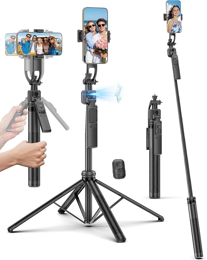 64'' Auto Face Tracking Tripod 360 Rotation with Stand, Handheld Stabilization, Aluminum Quadrapod Selfie Stick Phone Tripod with Remote Compatible with iPhone, Android for TikTok, Live Streaming