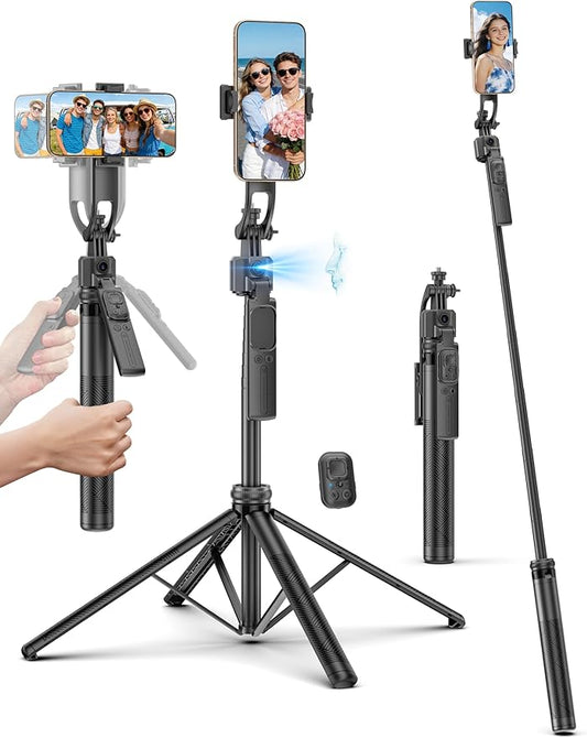64'' Auto Face Tracking Tripod 360 Rotation with Stand, Handheld Stabilization, Aluminum Quadrapod Selfie Stick Phone Tripod with Remote Compatible with iPhone, Android for TikTok, Live Streaming