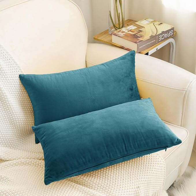 HWY 50 Ocean Blue Velvet Rectangular Throw Pillow Covers 12x20 Inch, Pack of 2 Soft Cozy Solid Decorative Luxury Cushion Cases for Couch Sofa Bed Living Room Bedroom