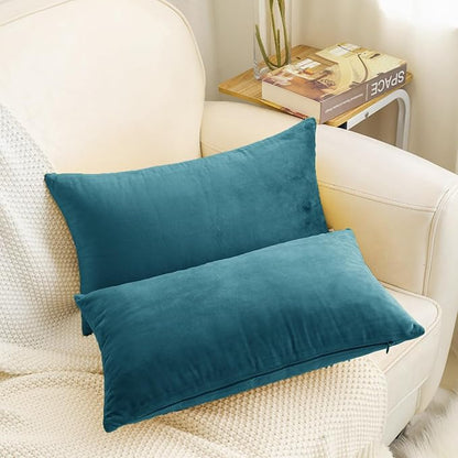 HWY 50 Ocean Blue Velvet Rectangular Throw Pillow Covers 12x20 Inch, Pack of 2 Soft Cozy Solid Decorative Luxury Cushion Cases for Couch Sofa Bed Living Room Bedroom