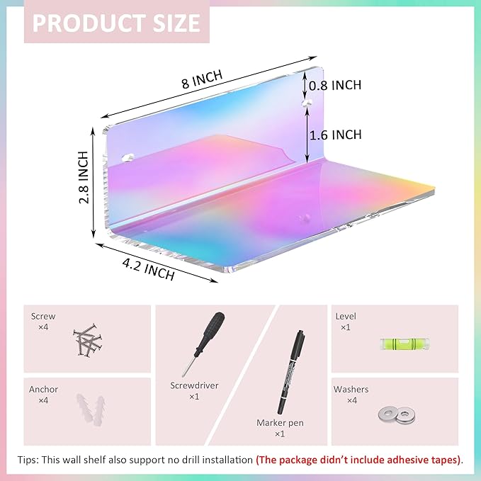 Sezanrpt 8 Inch Iridescent Shelf for Wall, Acrylic Small Floating Shelf, Home Wall Shelf Organizer for Room Storage, Room Décor, Space Saving, 4'' Depth, 2 Pack