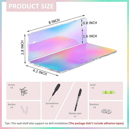 Sezanrpt 8 Inch Iridescent Shelf for Wall, Acrylic Small Floating Shelf, Home Wall Shelf Organizer for Room Storage, Room Décor, Space Saving, 4'' Depth, 2 Pack