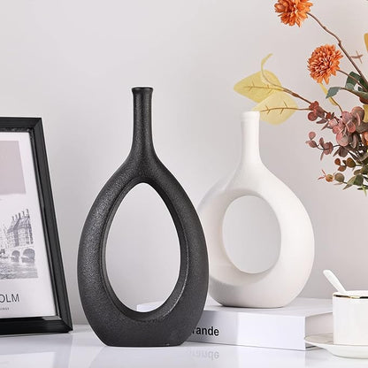 Black White Ceramic Vase Set 2,Modern Hollow Circle with Hole Flower Vase for Home Decor,for Table Centerpieces,Farmhouse,Fire Place,Living Room,Bedroom,Office,Bookshelf,Rustic Decor