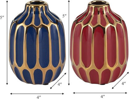 Elegant Ceramic Vase for Living Room Decor and Home Decor Accent - Modern Decorative Flower Vase for Room, Bedroom, or Office Desk - Designed for House and Table Decor - Set of 2, 5", Blue & Red