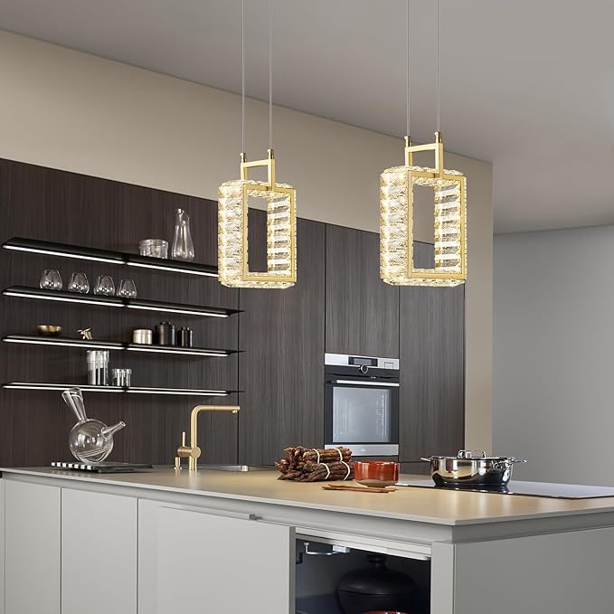 Kitchen Island Mini Light Fixture Modern Led Crystal Pendant Light Gold Rectangle Chandelier for Dining Room Living Room Kitchen Bedroom Bar（1-Pack）