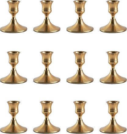 Gold Taper Candle Holder, Brass Candlestick Holders, Vintage Metal for Table Centerpieces Wedding Christmas Decor (Gold, 12 Pcs)