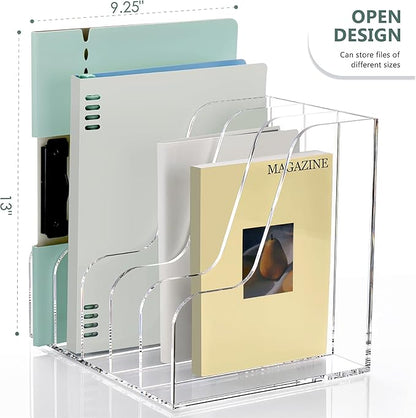 SANRUI Acrylic Desk Organizers, Clear Magazine File Holder, 5 Vertical Compartments A4 Folder Binder Holders Sorter, Office Desktop Workspace Organization Storage Rack for Office Home School