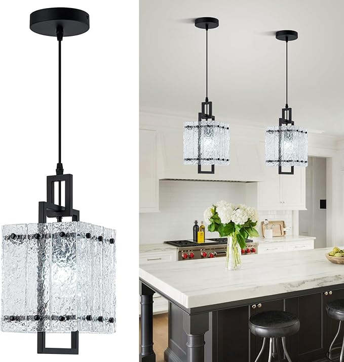 Black Glass Pendant Lights Kitchen Island, Modern Pendant Light Fixtures with Water Ripple Glass Square Pendant Lighting for Dining Room Kitchen Island