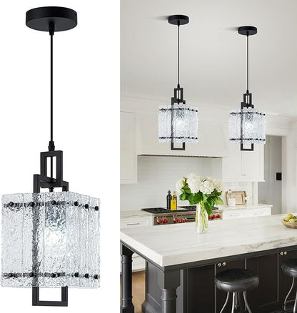 Black Glass Pendant Lights Kitchen Island, Modern Pendant Light Fixtures with Water Ripple Glass Square Pendant Lighting for Dining Room Kitchen Island