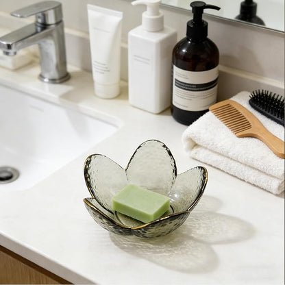 Flower Ring Dish Jewelry Tray, Glass Jewelry Dish Tray, Cute Room Decor Small Trinket Dish, Nightstand Jewlery Ring Holder, Bathroom Jewlery Plate Bowl for Earring Gift for Women (Smoky Black)