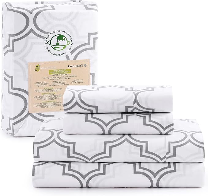 LANE LINEN 100% Organic Cotton Sheets RV Queen, 4-Piece Bed Sheets Short Queen Size Cotton, Luxury Sheets, Percale Weave,Breathable Bed Sheets RV Queen Size Deep Pockets Fits Upto 15"- Trellis Silver