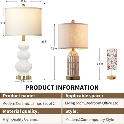 Triple Gourd Ceramic Table Lamps Set of 2, Modern White Bedside Lamps with Rotary Switch， Contemporary Nightstand Lamps for Bedroom Living Room