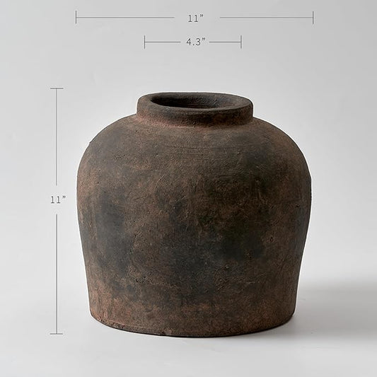 LB2 Brown Ceramic Large Vase, 11" Tall Zen Style vase, Terra Cotta Pitcher, Distressed Farmhouse Decor, Pottery Decorative Flower for Home Decor (B - Brown 11")