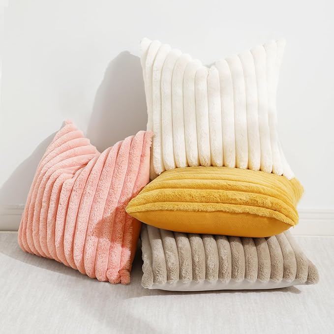 decorUhome Faux Fur Spring Throw Pillow Covers 26x26 Set of 2, Decorative Soft Plush Striped Neutral Couch Euro Sham Pillow Covers with Velvet Back for Sofa, Bed, Living Room Home, Blush Pink