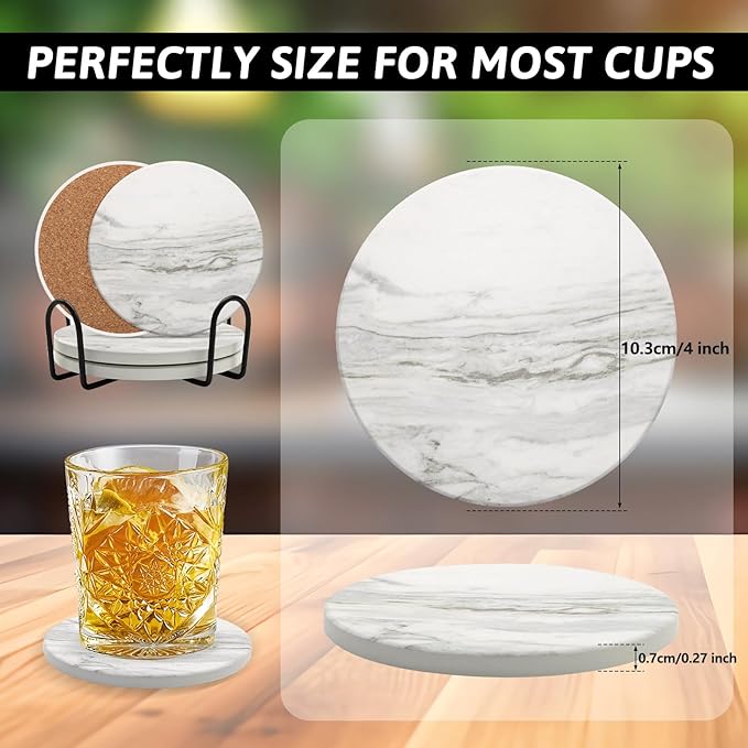 Coaster Set of 4, Drink Coasters with Holder, Absorbent Ceramic Coasters for Dining Table, 4 Inch Round Coasters Set for Drinks, Cup Coaster for Home Decor, Housewarming Gift, (R&D)