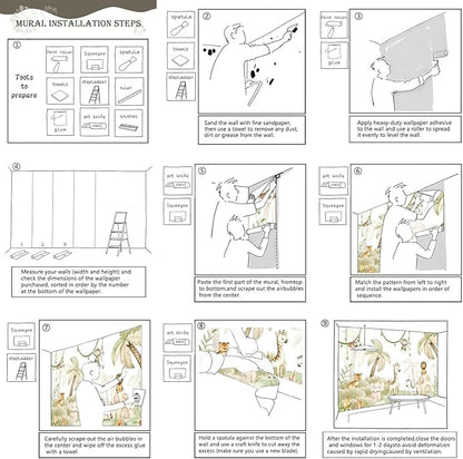 AFZEVEB-Safari Wallpaper Watercolor Animal Nursery Wall murals for Kids Room 136"x96"(Not Peel and Stick)