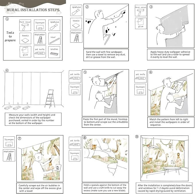 AFZEVEB-Safari Wallpaper Watercolor Animal Nursery Wall murals for Kids Room 159"x107"(Not Peel and Stick)
