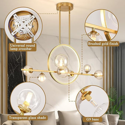 Modern 7-Light Gold Kitchen Island Light for Dining Room, 37.4" Minimalist Dimmable LED Linear Pendant Lights with Globe Glass Shade, Ceiling Light Fixture Hanging for Dining Room, Office, Kitchen