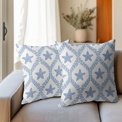 Coastal Pillow Covers 18x18 Set of 2 Ocean Starfish Pattern Decorative Light Blue Pillowcases Outdoor Beachy Throw Pillow Covers with Zipper Soft Cozy for Sofa Bed Chair Living Room Home Decor
