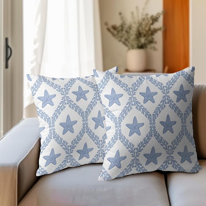 Coastal Pillow Covers 16x16 Set of 2 Ocean Starfish Pattern Decorative Light Blue Pillowcases Outdoor Beachy Throw Pillow Covers with Zipper Soft Cozy for Sofa Bed Chair Living Room Home Decor