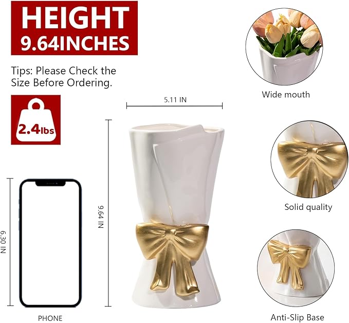 Fully Glazed White Ceramic Gold Bow Vase 9.64 in Unique Cute Modern Decorative Bouquet Flower Vases for Home Living Room Table Valentine's Day Decor Women Girl Gifts