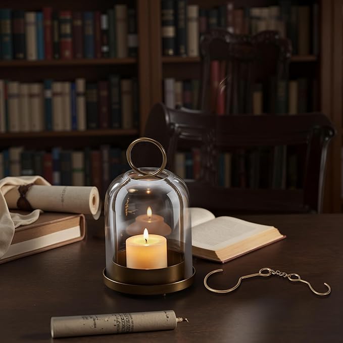 Hurricane Glass Candle Holder, Medium Brass Lanterns Hurricane Candlestick Holder for Pillar Candles Vintage, Gold Metal Rustic Farmhouse Decor with Hook Chains