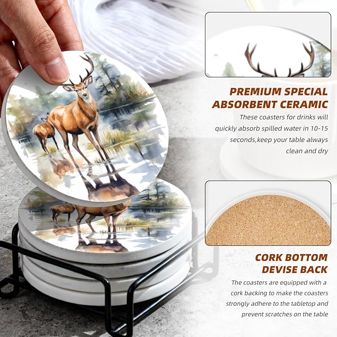 Coasters Set of 6 Ceramic Drink Coaster with Cork Base Modern Style Coasters for Mugs and Cups Office Kitchen 4 in