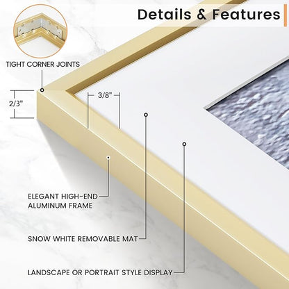 11x14 inch Metal Picture Frame - 11 x 14 Thin Aluminum Photo Frames with 8x10 Removable Mat - High Definition Plexiglass - Vertical and Horizontal Display - Wall Hook Hanging Hardware Included - Gold, Set of 1