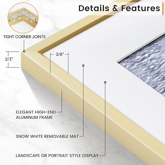 16x20 inch Metal Picture Frame - 16 x 20 Thin Aluminum Photo Frames with 11x14 Removable Mat - High Definition Plexiglass - Vertical and Horizontal Display - Wall Hook Hanging Hardware Included - Gold, Set of 1