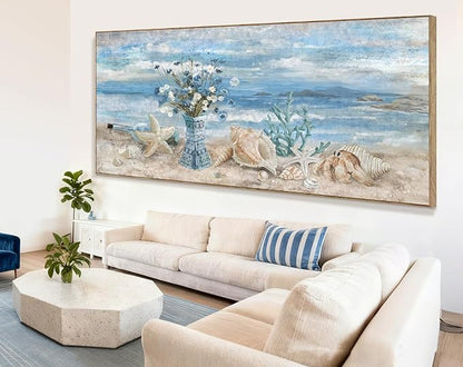 Nicetop Extra Large Framed Wall Art for Living Room Blue Boho Ocean Beach Coastal Daisy Flower in Vase Picture Huge Seascape Canvas Print Painting Oversized Seaside Artwork for Home Office 86x39inch