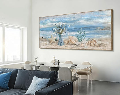 Nicetop Extra Large Framed Wall Art for Living Room Blue Boho Ocean Beach Coastal Daisy Flower in Vase Picture Huge Seascape Canvas Print Painting Oversized Seaside Artwork for Home Office 86x39inch