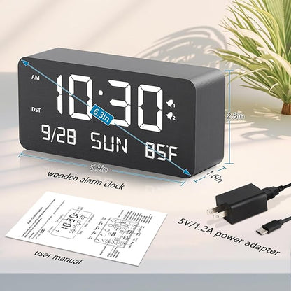 Wooden Digital Alarm Clock for Bedroom - Desk Clock with Date, Day of Week, Temperature, Dual Alarms, Dimmer, USB Port Charge, DST, Adjustable Volume for Living Room/Office Wood Decor (Black)