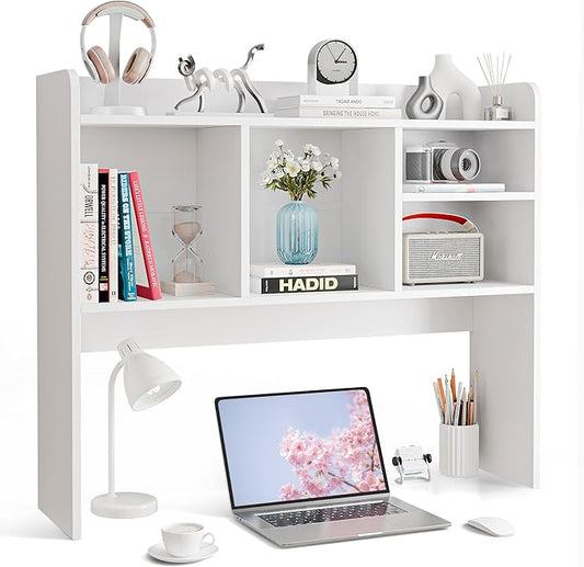 SUPER DEAL Desktop Bookshelf, Countertop Storage Hutch with 4 Shelves for Computer Desk, 2-Tier Display Rack, Multipurpose Wood Desk Hutch Storage Organizer for Home Office Dorm, White