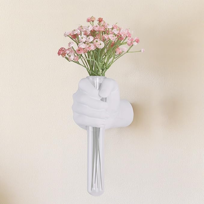 Unique Wall Sculptures, Hand Vases Home Decor, Wall Mount Art Sculpture, Unique Wall Art Statue, Funky Flower Vase Decorations, Modern Eclectic Hanging Decor,Glass Test Tube Vase (White)