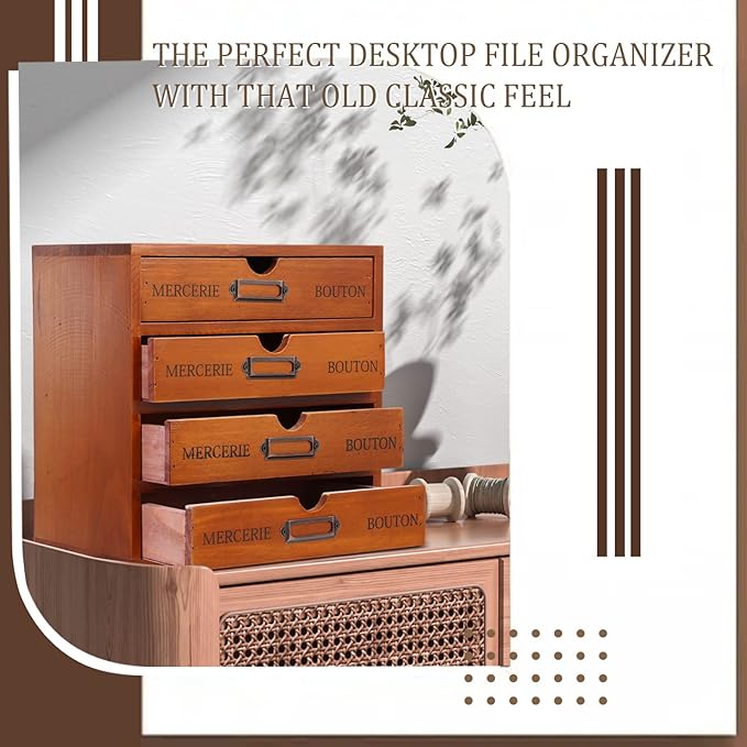 Wesiti 4 Drawer Apothecary Cabinet - Vintage Wooden Desk Organizer - Library Card Catalog Wood Storage Box - Office Desktop Dresser for Stationery, Thread Embroidery, Sewing, Crafts, Junk & Supplies