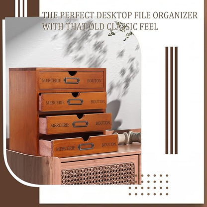 Wesiti 4 Drawer Apothecary Cabinet - Vintage Wooden Desk Organizer - Library Card Catalog Wood Storage Box - Office Desktop Dresser for Stationery, Thread Embroidery, Sewing, Crafts, Junk & Supplies
