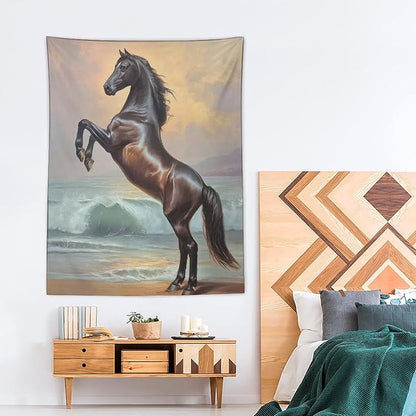 JYOUQOC Horse Animal Stands On The Beach Tapestry Flag Backdrop Wall Hanging Large Wall Art Decor for Dorm Office Bedroom Living Room 60"×80"
