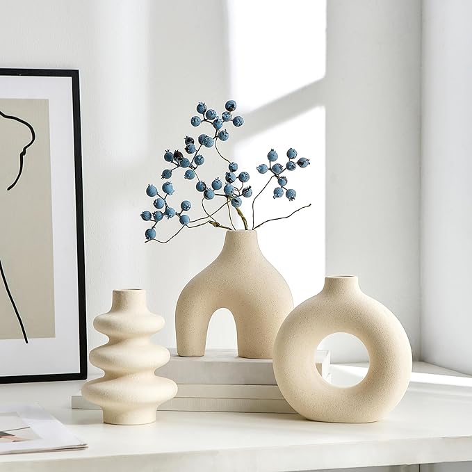 White Ceramic Vase Set of 3, Small Flower Vases for Pampas Grass, Modern Boho Vase for Decor, Round White Vases Centerpieces for Wedding Living Room Bedroom Coffee Table Dinner Table