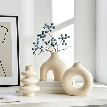 White Ceramic Vase Set of 3, Small Flower Vases for Pampas Grass, Modern Boho Vase for Decor, Round White Vases Centerpieces for Wedding Living Room Bedroom Coffee Table Dinner Table