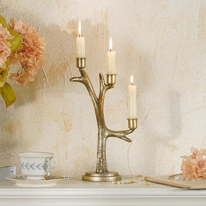 NIKKY HOME Gold Candelabra Candle Holders Centerpieces for Tables, 3 Arm Vintage Metal Taper Candlesticks Holder Fireplace Mantle Decor