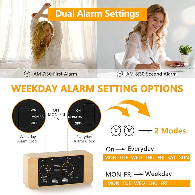 Wooden Digital Alarm Clock for Bedroom -Desk Clock with Date, Day of Week, Temperature, Dual Alarms, Dimmer, USB Port Charge, DST, Adjustable Volume for Living Room/Office Wood Decor (Bamboo)