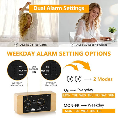 Wooden Digital Alarm Clock for Bedroom -Desk Clock with Date, Day of Week, Temperature, Dual Alarms, Dimmer, USB Port Charge, DST, Adjustable Volume for Living Room/Office Wood Decor (Bamboo)