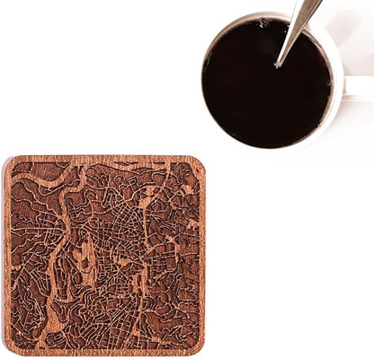 Jerusalem Map Coaster by O3 Design Studio, Set Of 4, Sapele Wooden Coaster With City Map, Handmade