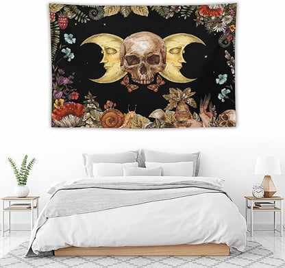 Boho Moon Skull Tapestry,Vintage Sun Moon Hippie Mushroom Floral Plant Tapestries Wall Hanging for Dorm Living Room Bedroom Decor(60"x90")