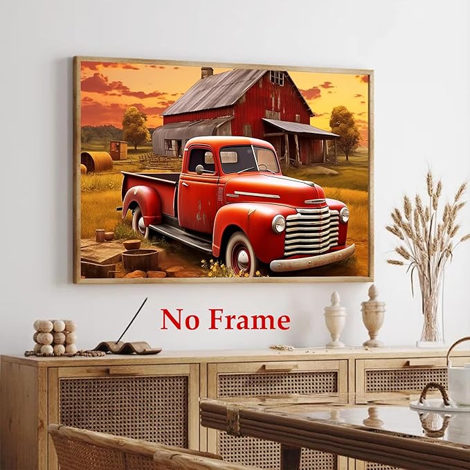 Red Truck Poster Rustic Landscape Pictures Farmhouses Tractor Wall Art Country House Painting Farmhouse Barn Prints Old Barn Posters Red Farmhouse Picture Sunset Farmhouses Wall Art 16x24in No Frame