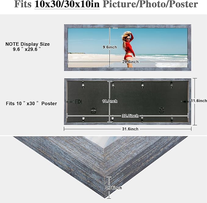 10x30 Frame Rustic Blue, 30x10 Picture Poster Frame, Horizontal Vertical Hanging, 10 by 30 Wall Gallery Family Concert Portrait Photo Frame Anniversary/Birthday/Wedding/Thank you/Christmas Gift