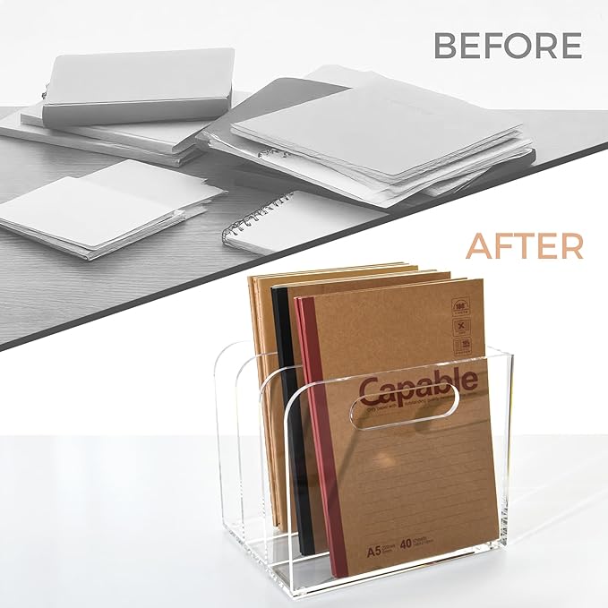 Acrylic Magazine File Holder, 3 Vertical Compartments Desk Document Sorter Organizer, Clear Folder Rack Binder for Office/Documents/Classroom, for Home, Tablet, Magazines, Books & Accessories