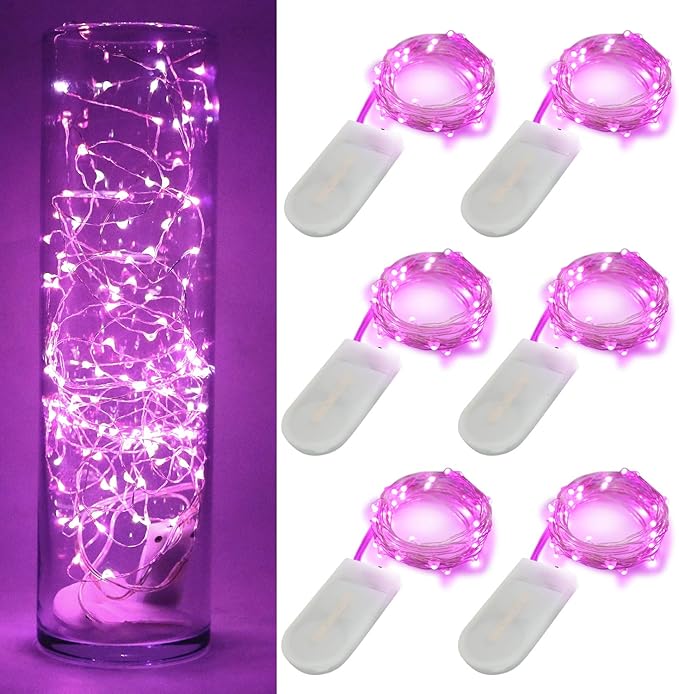 6-Pack 7Ft Starry String Lights No Remote Fairy String Lights 20 Micro Starry Leds On Silvery Copper Wire CR2032 Batteries Included for Wedding Centerpiece,Party,Christmas Table Decor (Pink)